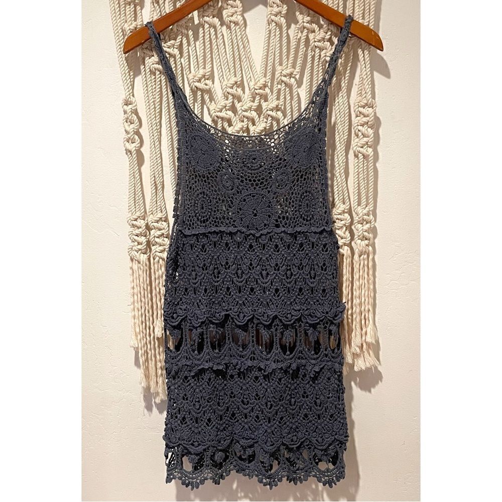 Crochet Tank Top SZ SM Blue Open Knit Festival Boho Indie Hippie Swim Cover Up